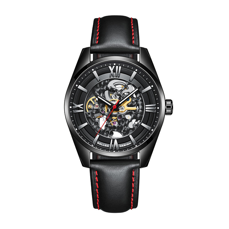 Sollen SL615 Automatic Watch - Men's Double-Sided Engraved Skeleton Dial Luminous Leather Strap Wristwatch