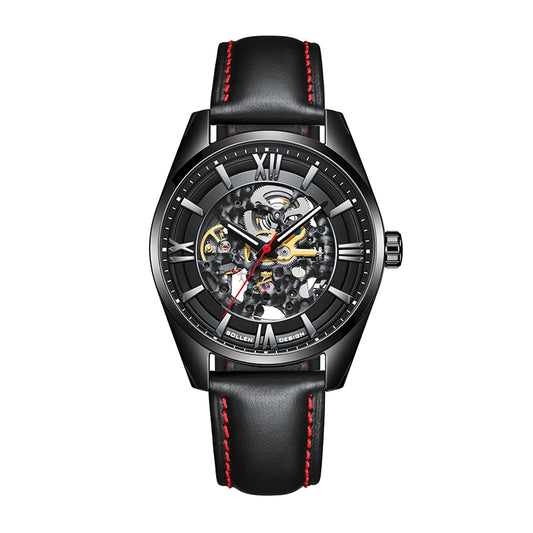 Sollen SL615 Automatic Watch - Men's Double-Sided Engraved Skeleton Dial Luminous Leather Strap Wristwatch
