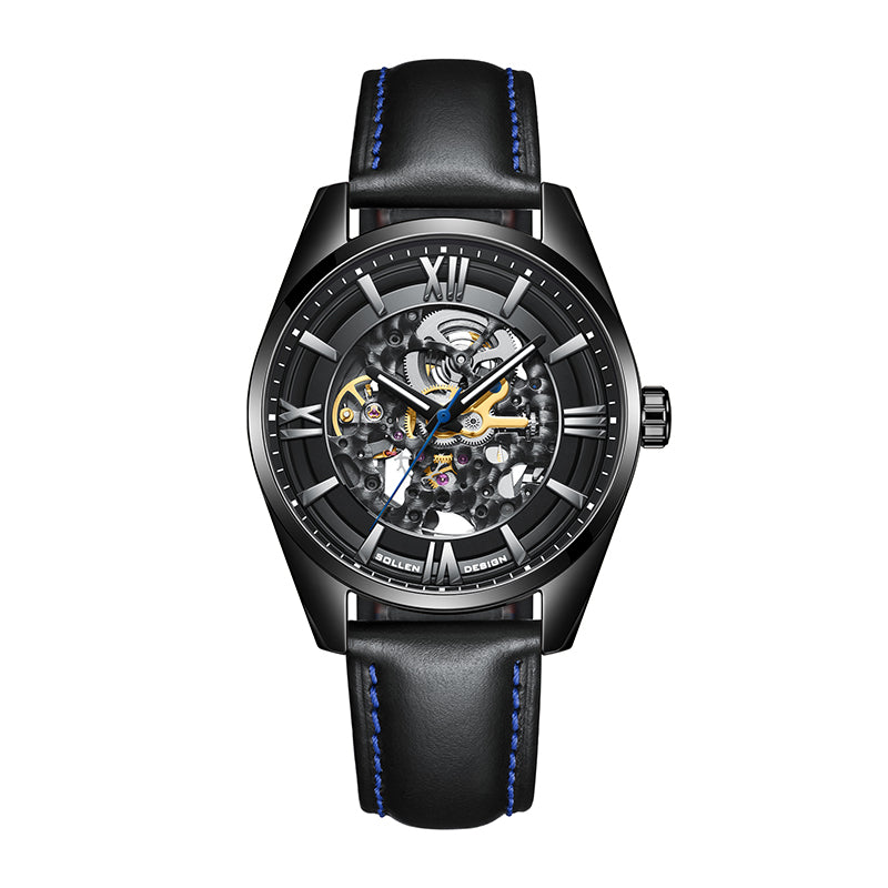 Sollen SL615 Automatic Watch - Men's Double-Sided Engraved Skeleton Dial Luminous Leather Strap Wristwatch