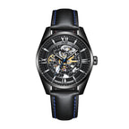 Sollen SL615 Automatic Watch - Men's Double-Sided Engraved Skeleton Dial Luminous Leather Strap Wristwatch