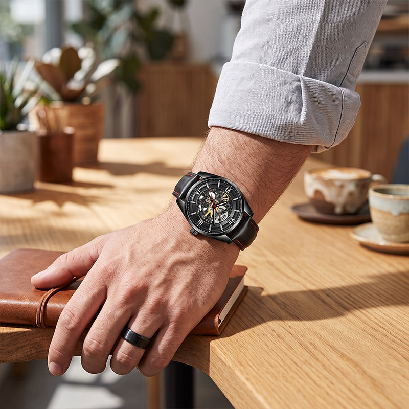Sollen SL615 Automatic Watch - Men's Double-Sided Engraved Skeleton Dial Luminous Leather Strap Wristwatch