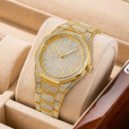 BELBI BELBL-8138 Live Edition Men's Iced Out Watch - Luxury Full Crystals Encrusted Geometric Bezel Pave Gold Dial Metal Band Hiphop Wristwatch