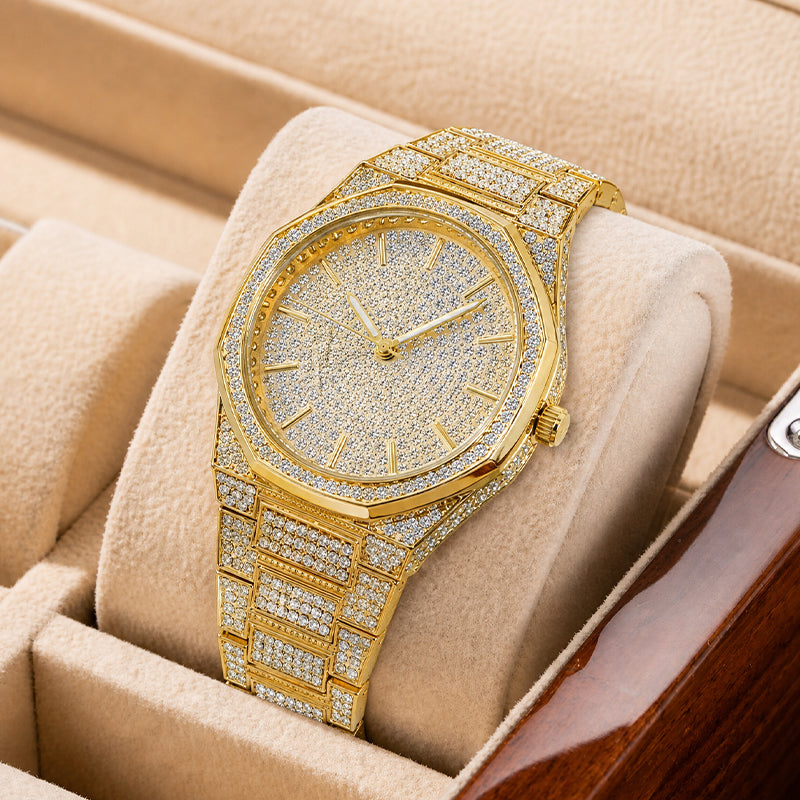 BELBI BELBL-8138 Live Edition Men's Iced Out Watch - Luxury Full Crystals Encrusted Geometric Bezel Pave Gold Dial Metal Band Hiphop Wristwatch