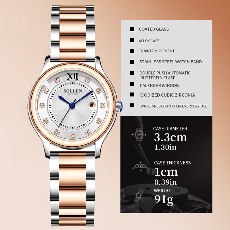 Sollen SL469 Women's Quartz Watch - 33mm Dial 11 Zirconia Markers Blue Sword Hands Two-Tone Stainless Steel Bracelet Wristwatch