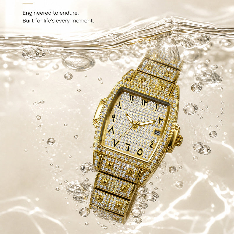 BELBI BELBL-8246 Live Edition Men's Iced Out Watch - Luxury Full Crystals Encrusted Tonneau Case Pave Dial Eastern Arabic Numerals 3H Date Metal Band Hiphop Wristwatch