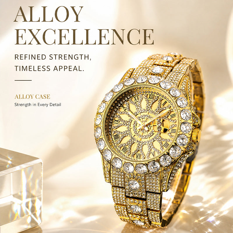 MISSFOX V380L Live Edition Men's Iced Out Watch - Luxury Large Crystal Bezel Pave Roman Numerals Dial Date Window Metal Band Hiphop Wristwatch