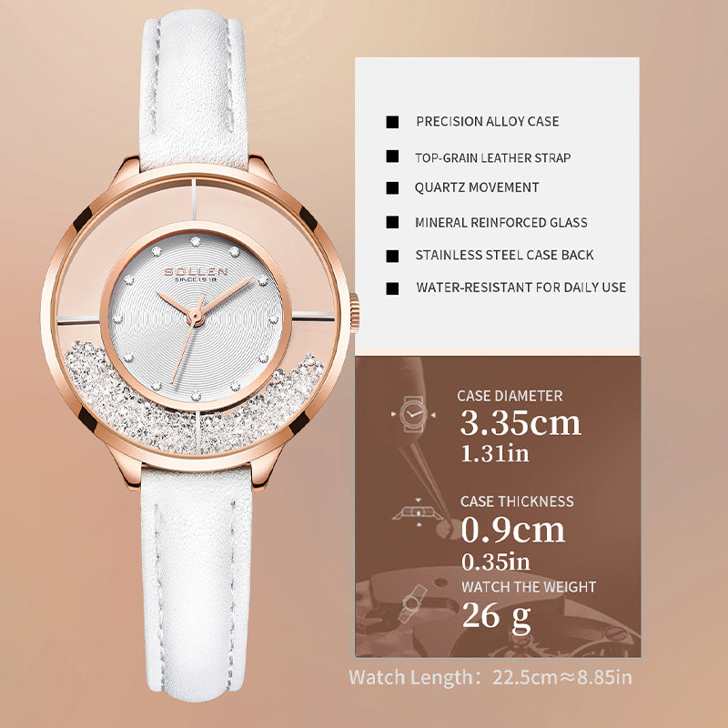 Sollen SL423 Women's Quartz Watch - 33.5mm Vinyl Record Texture Dial 12 Zirconia Markers Genuine Leather Strap Wristwatch