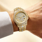 KDW KDW2386 Live Edition Men's Luxury Iced-Out Quartz Watch - 43mm Full Crystal Bezel & Bracelet Arc 12H Day 3H Date Roman Numeral Dial Metal Wristwatch