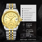 Sollen 9061 Automatic Watch - Men's Classic 36mm Fluted Bezel Cyclops Date 5-Bead Stainless Steel Bracelet Wristwatch