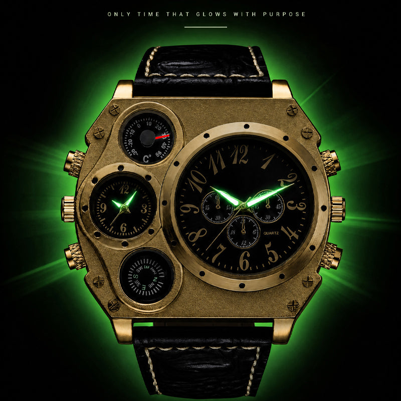Oulm HP1349 Quartz Watch - Live Edition Men's Heavy Steampunk Dual Time Zone Industrial Matte Case Luminous Hands Compass Wide Leather Strap Tactical Wristwatch