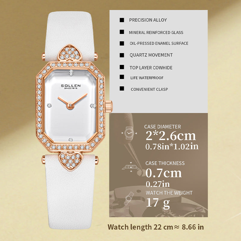 Sollen SL426 Women's Tank Quartz Watch - 20x26mm Slim 7mm Crystal Bezel Swarovski Zirconia Genuine Leather Strap Wristwatch