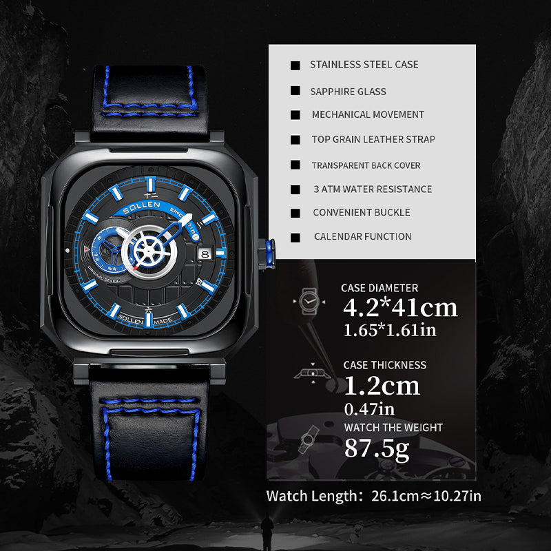 Sollen SL322 Men's Square Automatic Mechanical Watch - 40x41mm Stainless Steel Case Sapphire Crystal Miyota 8217 24H Subdial Leather Strap Wristwatch