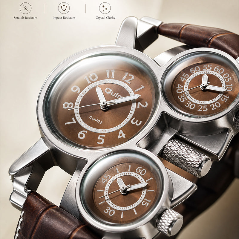 Oulm HP1167 Quartz Watch - Live Edition Men's Heavy Steampunk Triple Time Zone Industrial Silver Case Luminous Hands Leather Strap Tactical Wristwatch