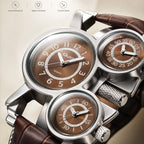 Oulm HP1167 Quartz Watch - Live Edition Men's Heavy Steampunk Triple Time Zone Industrial Silver Case Luminous Hands Leather Strap Tactical Wristwatch