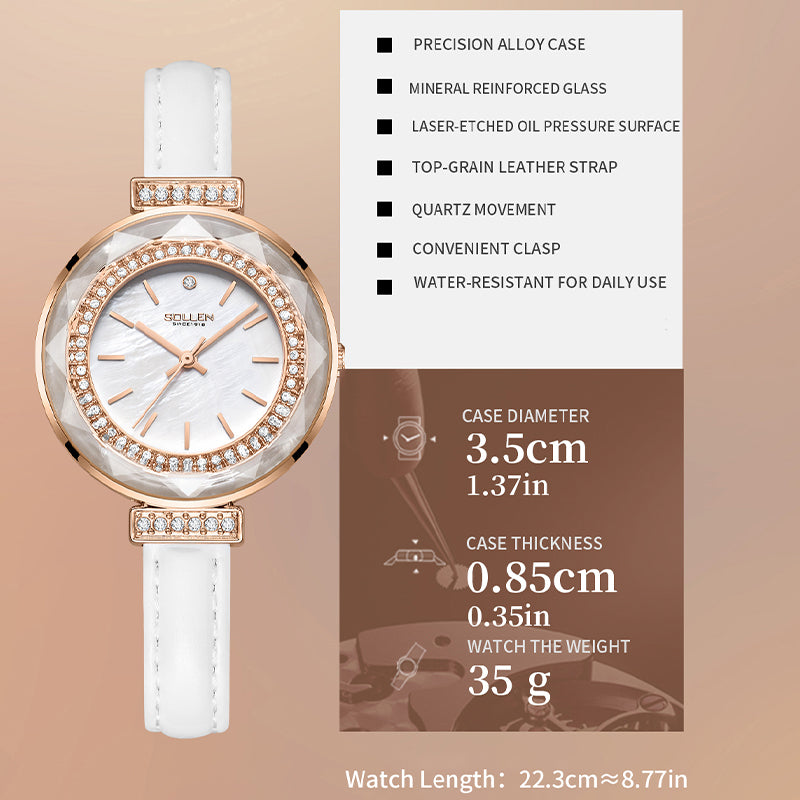 Sollen SL427 Women's Quartz Watch - 35mm Crystal Bezel Mother of Pearl Dial Swarovski Zirconia Genuine Leather Strap Wristwatch