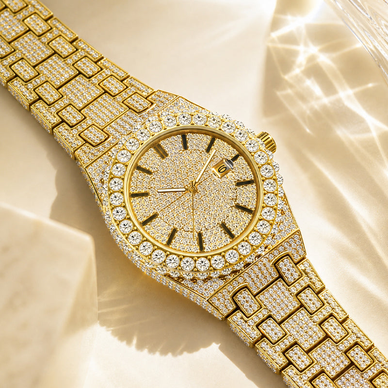 PRECIOUS 8243 Live Edition Men's Iced Out Watch - Luxury Large Crystal Bezel Pave Dial Date Window Metal Band Hiphop Sport Wristwatch