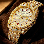 BELBI BELBL-8137 Live Edition Men's Iced Out Watch - Luxury Full Crystals Encrusted Round Case Pave Dial Ruby Red Indices 3H Date Metal Band Hiphop Wristwatch