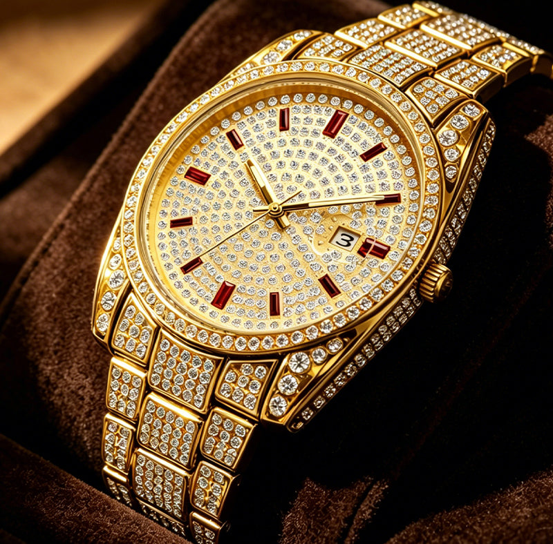 BELBI BELBL-8137 Live Edition Men's Iced Out Watch - Luxury Full Crystals Encrusted Round Case Pave Dial Ruby Red Indices 3H Date Metal Band Hiphop Wristwatch