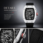 JEMSDUN JSD915 Live Edition Unisex High-Street Tonneau Quartz Watch - 38x48mm Carbon Pattern Case Mechanical Skeleton Dial Hook-and-Loop Nylon Strap Wristwatch