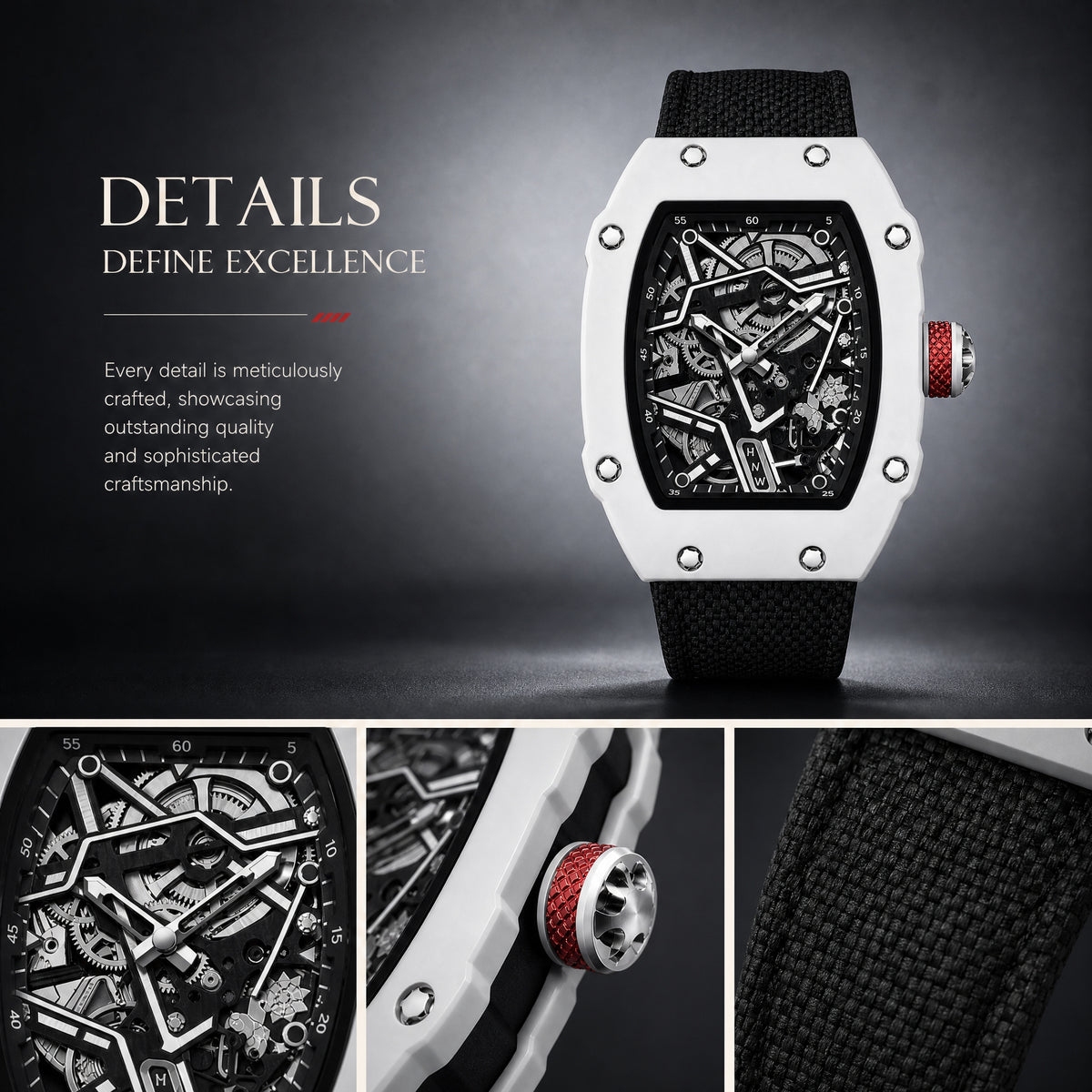 JEMSDUN JSD915 Live Edition Unisex High-Street Tonneau Quartz Watch - 38x48mm Carbon Pattern Case Mechanical Skeleton Dial Hook-and-Loop Nylon Strap Wristwatch