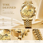 KINGNUOS DDM197 Live Edition Men's Luxury Fluted Bezel Chronograph Quartz Watch - 43mm Gold Case Sun & Moon Phase Multi-Subdial 4:30 Date Jubilee Bracelet Wristwatch