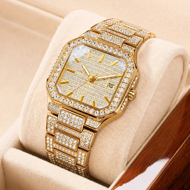 BELBI BELBL-8223 Live Edition Men's Iced Out Watch - Luxury Full Crystals Encrusted Octagonal Case Pave Dial Date Window Metal Band Hiphop Wristwatch