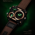 Oulm HP3595 Live Edition Men's Tactical Watch - Cyberpunk Multi Time Zone Triple Movement Rectangle Armor Case Wide Canvas Strap Sport Wristwatch