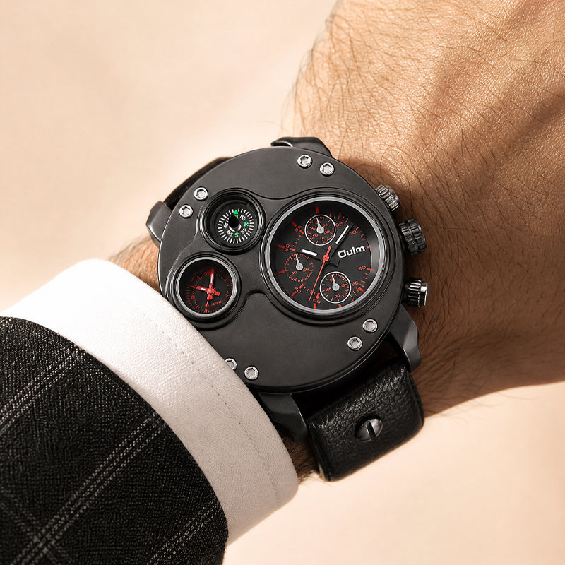 Oulm HP3741 Live Edition Men's Tactical Watch - Cyberpunk Multi Time Zone Dual Movement Oversized Round Armor Case with Built-in Compass Sport Wristwatch