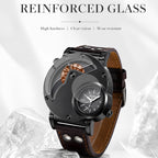 Oulm HP9591 Quartz Watch - Live Edition Men's Heavy Steampunk Dual Time Zone Industrial Black Case Luminous Hands Wide Leather Strap Tactical Wristwatch