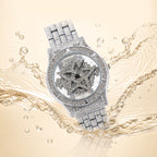 LOOK WORLD RKS245 Live Edition Men's Iced Out Watch - Luxury Full Crystals Encrusted Round Case Creative Spinning Star Dial Metal Band Hiphop Wristwatch