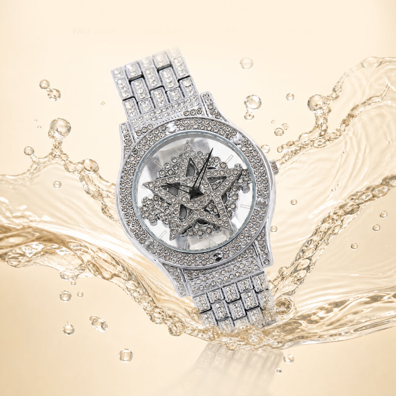 LOOK WORLD RKS245 Live Edition Men's Iced Out Watch - Luxury Full Crystals Encrusted Round Case Creative Spinning Star Dial Metal Band Hiphop Wristwatch