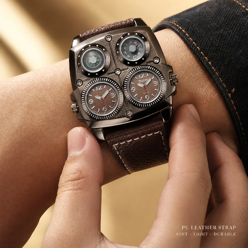 Oulm HP1140 Quartz Watch - Live Edition Men's Heavy Steampunk Dual Time Zone Industrial Black Case Luminous Hands Compass Wide Leather Strap Tactical Wristwatch