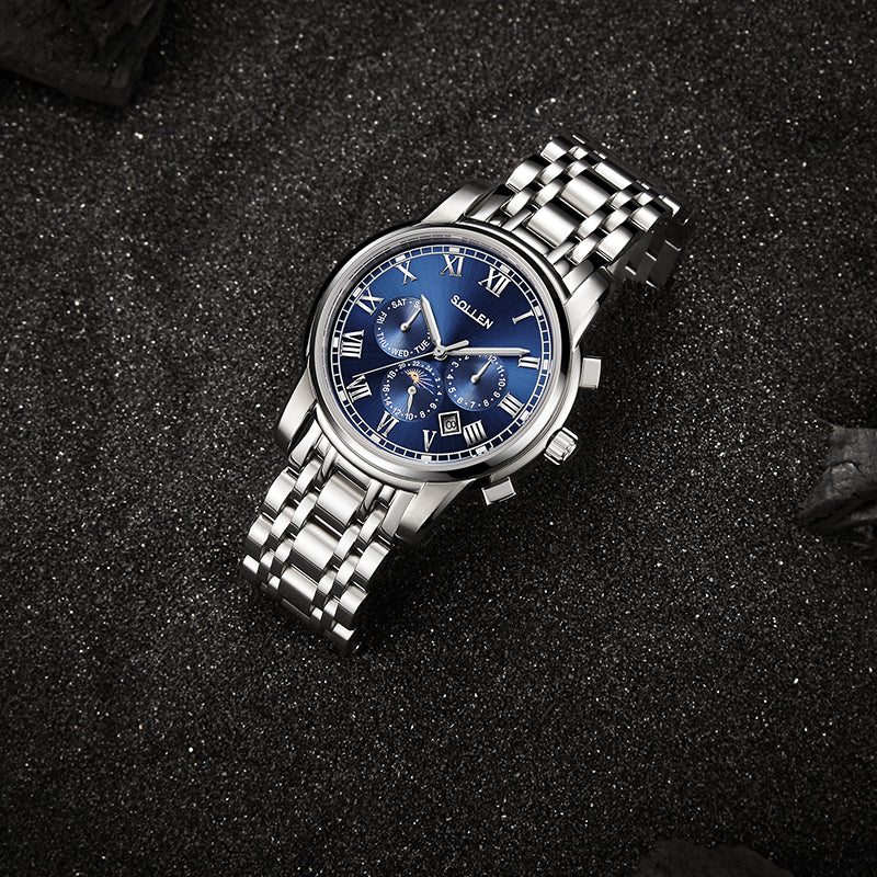 Sollen SL801 Chronograph Watch - Men's Multi-Function Moonphase Sunburst Dial 7-Bead Stainless Steel Bracelet Wristwatch