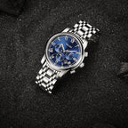 Sollen SL801 Chronograph Watch - Men's Multi-Function Moonphase Sunburst Dial 7-Bead Stainless Steel Bracelet Wristwatch