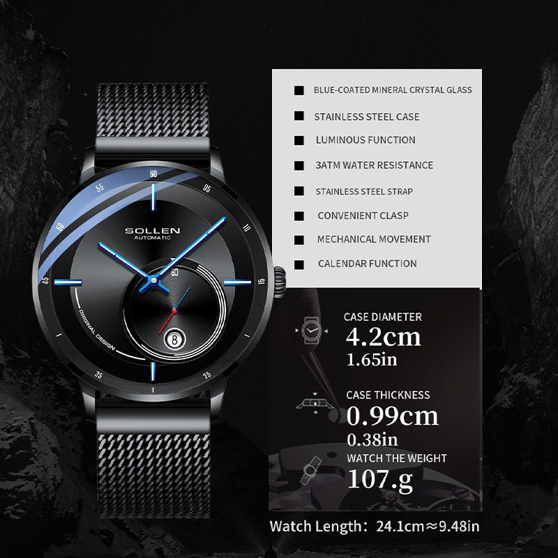 Sollen SL309 Men's Minimalist Automatic Mechanical Watch - 42mm Stainless Steel Case Slim 9.9mm Small Seconds Date Window Mesh Bracelet Wristwatch