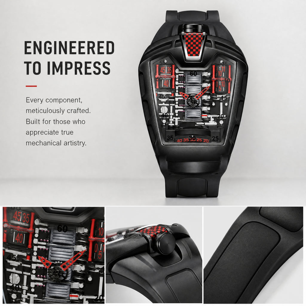 JEMSDUN JSD724 Live Edition Men's Futuristic Racing Engine Quartz Watch - 50x43mm Rose Gold Case V8 Engine Cylinder Dial Bullhead Crown Silicone Strap Wristwatch