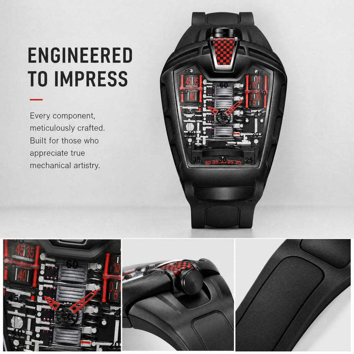 JEMSDUN JSD724 Live Edition Men's Futuristic Racing Engine Quartz Watch - 50x43mm Rose Gold Case V8 Engine Cylinder Dial Bullhead Crown Silicone Strap Wristwatch