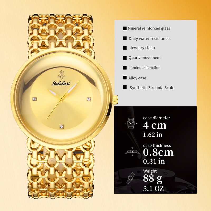 LX-1016 Quartz Watch - Live Edition Unisex Modern 40mm Ultra-Slim 8mm Case Faceted Cut Lens Full IPG Gold Plating Luxury 26mm Woven-Link Bracelet Timepiece