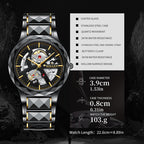 Sollen SL207 Men's Slim Quartz Watch - 39mm Faceted Ceramic & Stainless Steel Case Open Skeleton Dial Bracelet Wristwatch