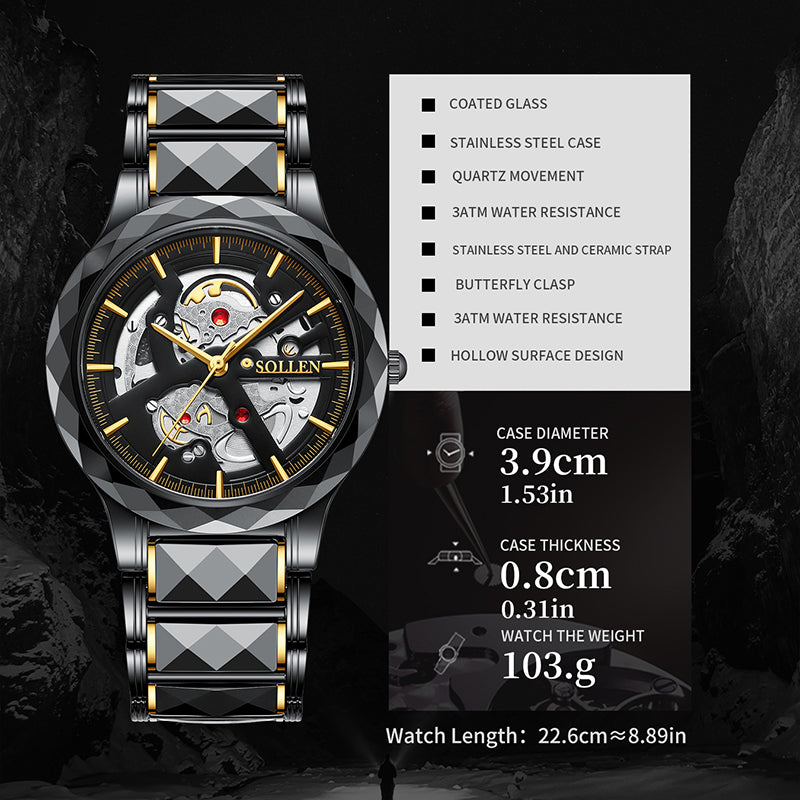 Sollen SL207 Men's Slim Quartz Watch - 39mm Faceted Ceramic & Stainless Steel Case Open Skeleton Dial Bracelet Wristwatch