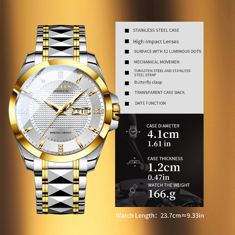 Sollen 9087 Automatic Watch - Men's Dress Citizen 8205 Grid Dial Day Date Crystal Luminous Marker 7-Bead Steel Bracelet Wristwatch