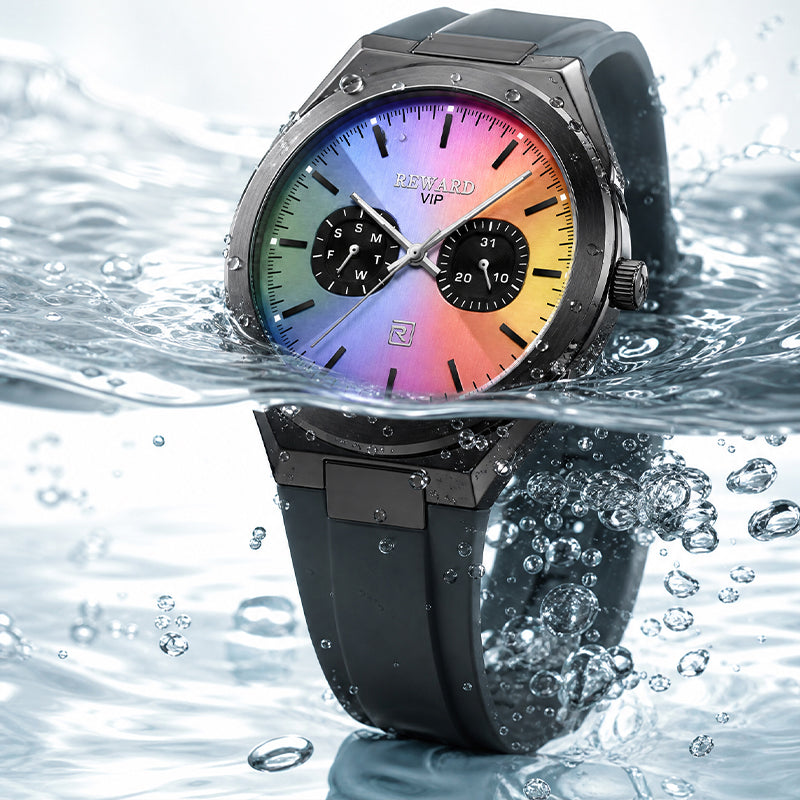 REWARD RD 932106M Quartz Watch - Live Edition Men's Ultra-Slim 8.7mm Case Dual Calendar Sub-Dials Luminous Hands Gradient Rainbow Dial Sport Silicone Strap Wristwatch