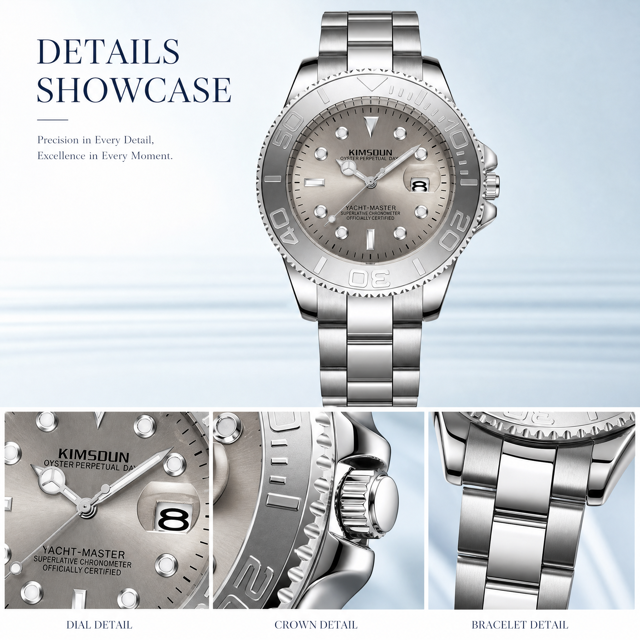 JEMSDUN JSD1818 Live Edition Men's Yacht-Master Style Quartz Watch - 43mm Rotating Relief Bezel Crystal Marker Dial 3H Date Cyclops Lens Metal Wristwatch