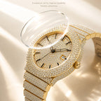 BELBI BELBL-8235 Live Edition Men's Iced Out Watch - Luxury Full Crystals Encrusted Round Case Gold Dial Date Window Stainless Steel Band Hiphop Wristwatch