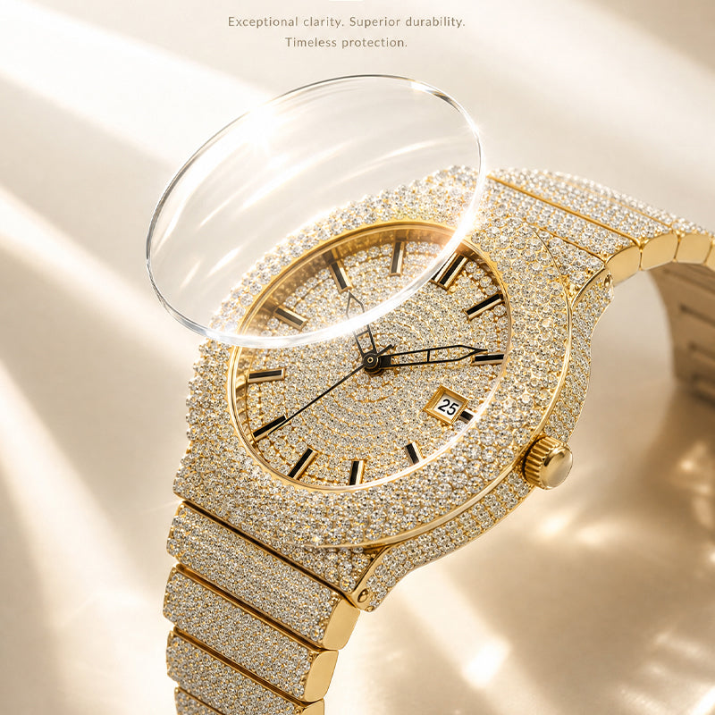 BELBI BELBL-8235 Live Edition Men's Iced Out Watch - Luxury Full Crystals Encrusted Round Case Gold Dial Date Window Stainless Steel Band Hiphop Wristwatch