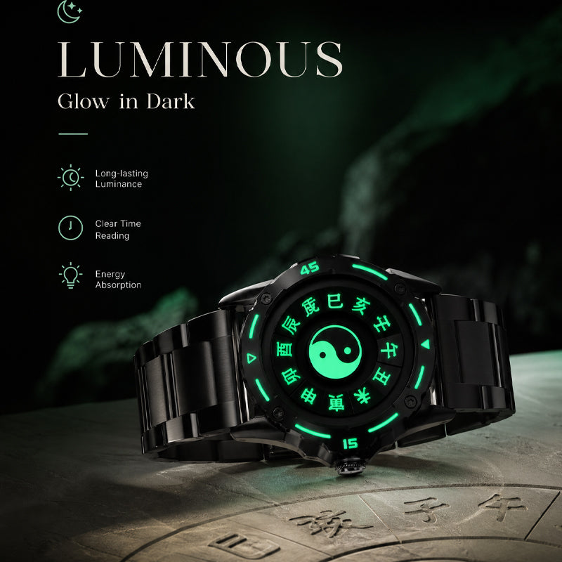 LONGBO LB83899 Quartz Watch - Live Edition Men's Tech 44mm Black Case No-Glass Magnetic Rolling Ball Pointerless Chinese Tai Chi Twelve Earthly Branches Theme Steel Link Bracelet Wristwatch
