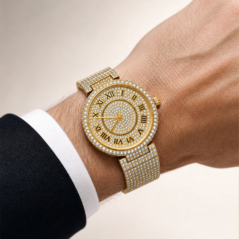 MISSFOX V377L Live Edition Men's Fully Iced Out Quartz Watch - 44mm Case Roman Numerals Pave Diamond Dial Coated Glass Metal Band Wristwatch