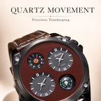 Oulm HP9139 Quartz Watch - Live Edition Men's Heavy Steampunk Dual Time Zone Industrial Black Case Luminous Hands Compass Leather Strap Tactical Wristwatch