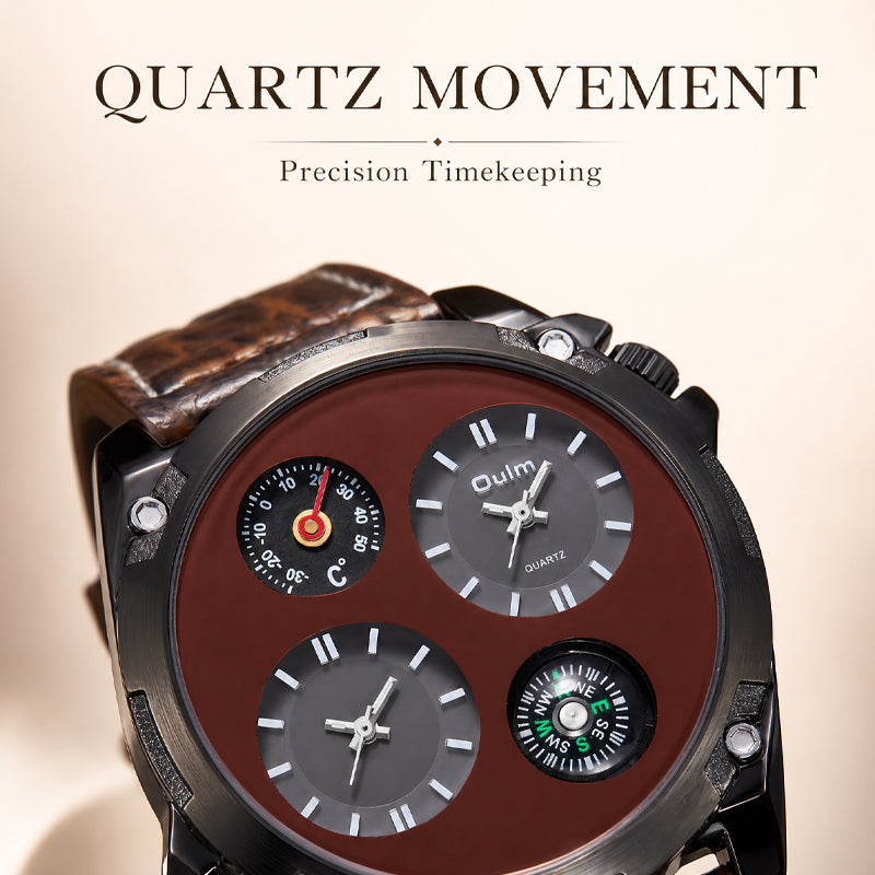 Oulm HP9139 Quartz Watch - Live Edition Men's Heavy Steampunk Dual Time Zone Industrial Black Case Luminous Hands Compass Leather Strap Tactical Wristwatch