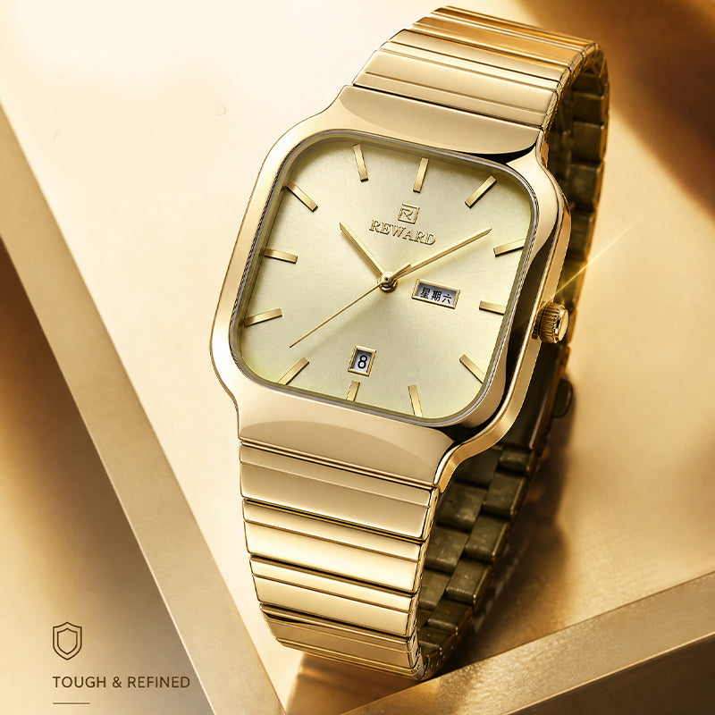REWARD RD 611264M Quartz Watch - Live Edition Men's Retro TV-Shaped Full IPG Gold Stainless Steel Band Separated Day-Date Sunburst Dial Wristwatch